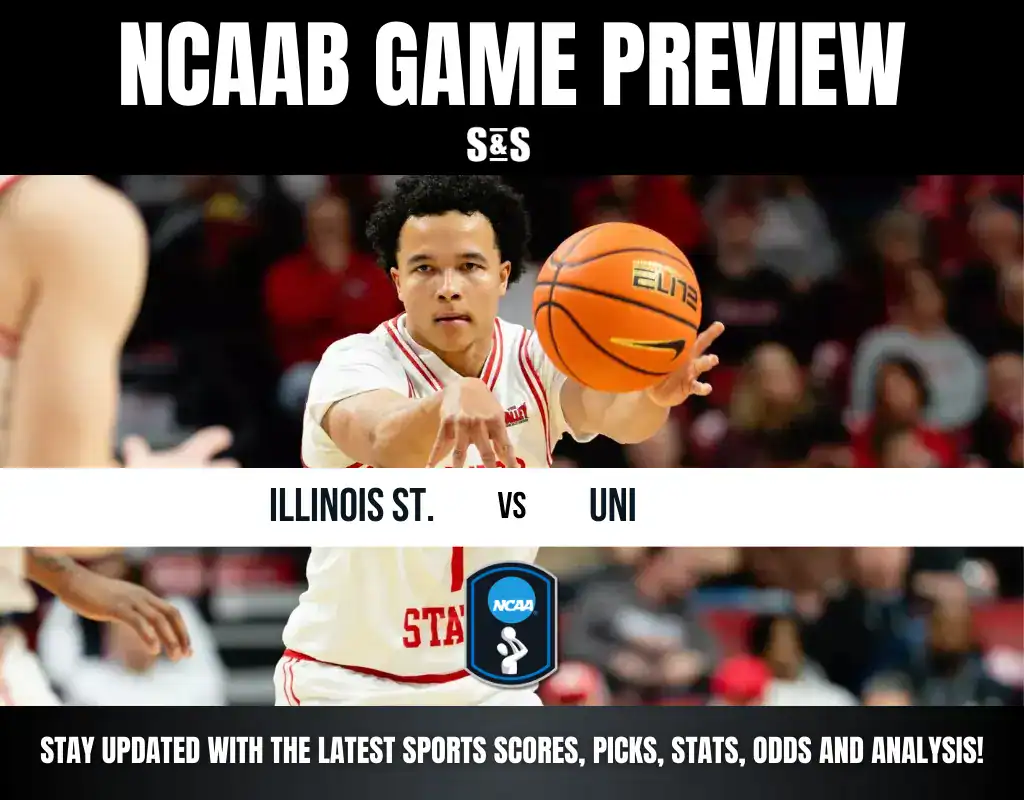 NCAAB GAME PREVIEW with a basketball player from Illinois State making a pass during a game against UNI.