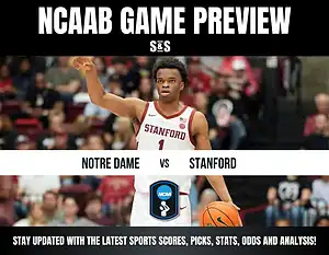 NCAA basketball game preview between Notre Dame and Stanford, featuring a player holding a basketball on the court.