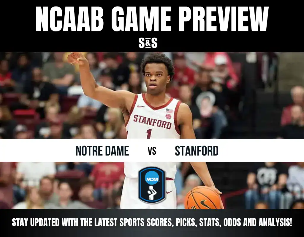 NCAA basketball game preview between Notre Dame and Stanford, featuring a player holding a basketball on the court.