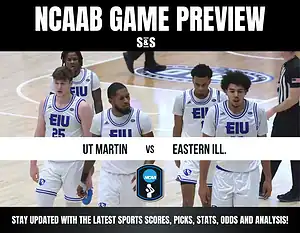 NCAAB game preview with players from UT Martin and Eastern Illinois walking on the court, promoting updates on scores and analysis.