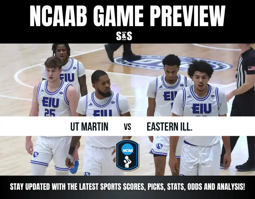 NCAAB game preview with players from UT Martin and Eastern Illinois walking on the court, promoting updates on scores and analysis.