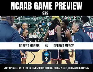 NCAAB game preview featuring Robert Morris vs. Detroit Mercy, with players and coaches engaging before the match.