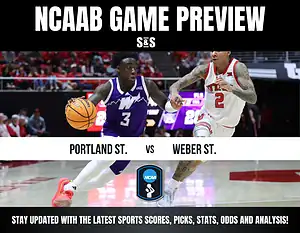 Two basketball players compete for the ball during an NCAA game preview between Portland State and Weber State.