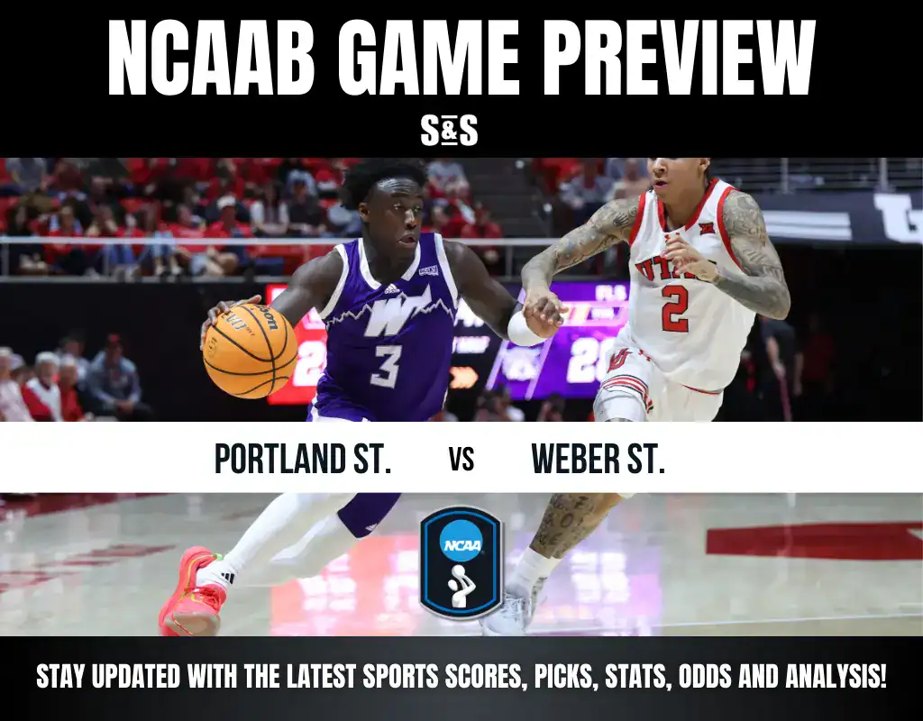 Two basketball players compete for the ball during an NCAA game preview between Portland State and Weber State.