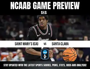 NCAA basketball game preview featuring Saint Mary's vs. Santa Clara, with a player dribbling a basketball in action.