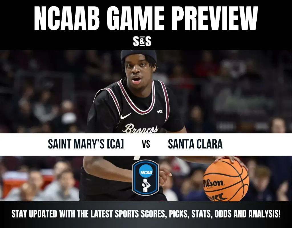 NCAA basketball game preview featuring Saint Mary's vs. Santa Clara, with a player dribbling a basketball in action.