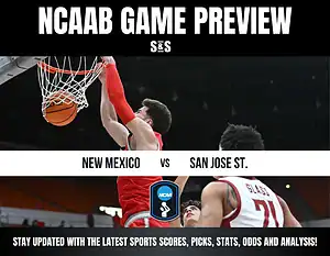 Basketball player in red jersey dunking ball as defender in white jersey guards during NCAA game preview poster.