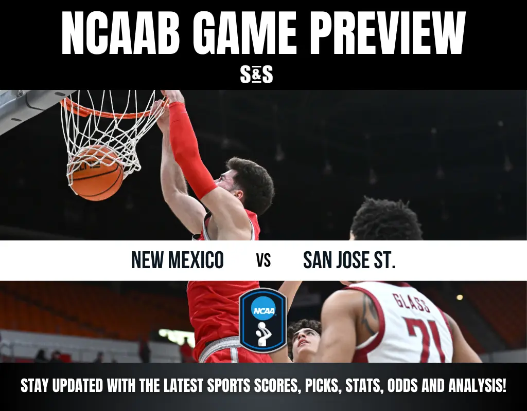 Basketball player in red jersey dunking ball as defender in white jersey guards during NCAA game preview poster.
