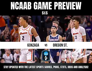 NCAA basketball game preview featuring Gonzaga vs. Oregon State, highlighting player action and team logos.