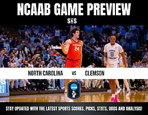 College basketball players from North Carolina and Clemson on the court during game preview graphic.