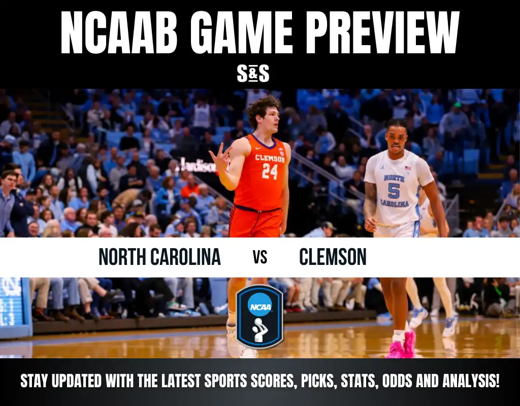 College basketball players from North Carolina and Clemson on the court during game preview graphic.
