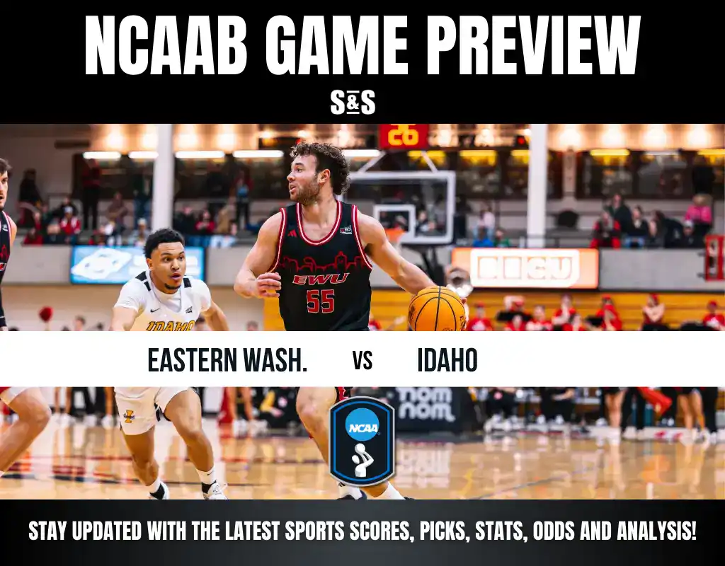 Action shot of a basketball game preview between Eastern Washington and Idaho, featuring players in dynamic motion on the court.