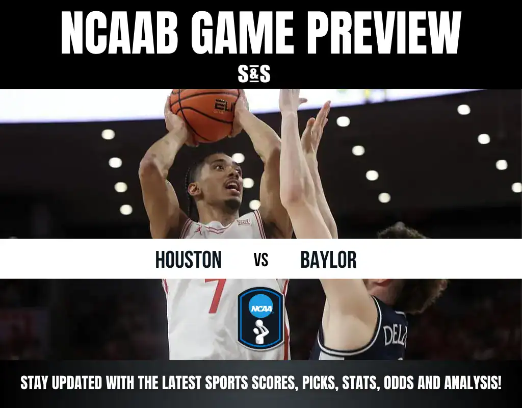 NCAA basketball game preview featuring Houston vs. Baylor, with a player attempting a shot amid defensive pressure.