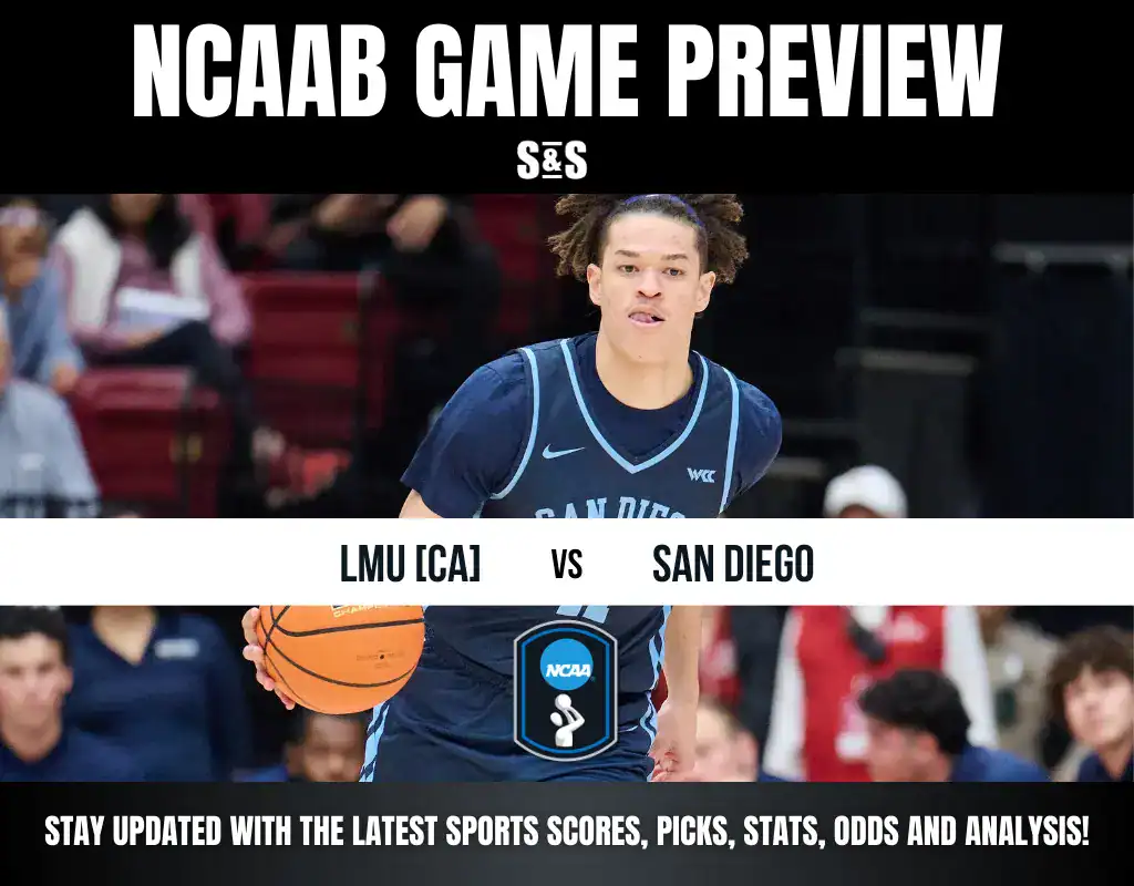 NCAA basketball game preview featuring LMU [CA] vs San Diego, with a player holding a basketball in action. Stay updated with game stats!