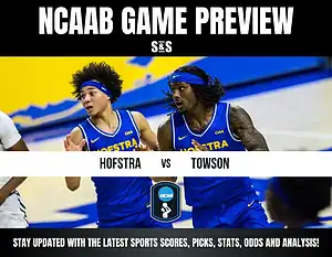 NCAA basketball preview graphic featuring Hofstra vs Towson, highlighting teams in vibrant blue jerseys with action shots.