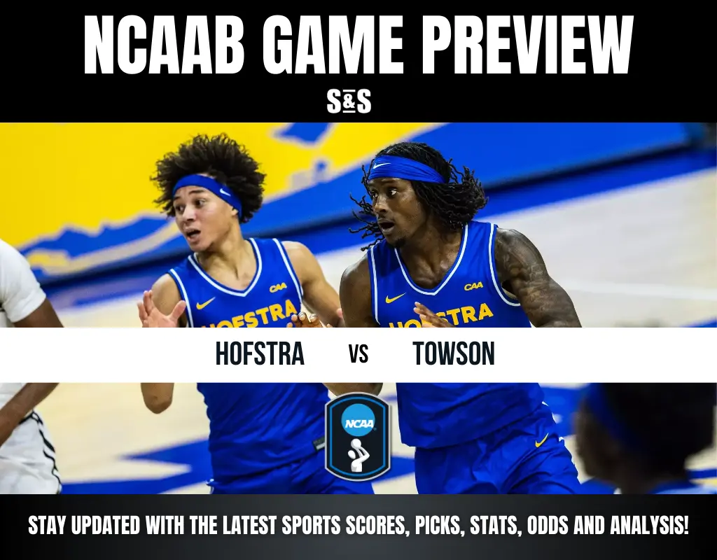 NCAA basketball preview graphic featuring Hofstra vs Towson, highlighting teams in vibrant blue jerseys with action shots.