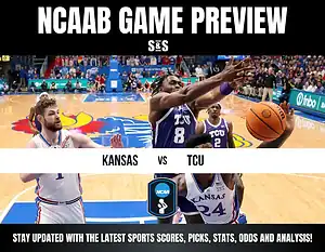 College basketball game preview graphic showing Kansas vs. TCU players competing for a rebound on the court.