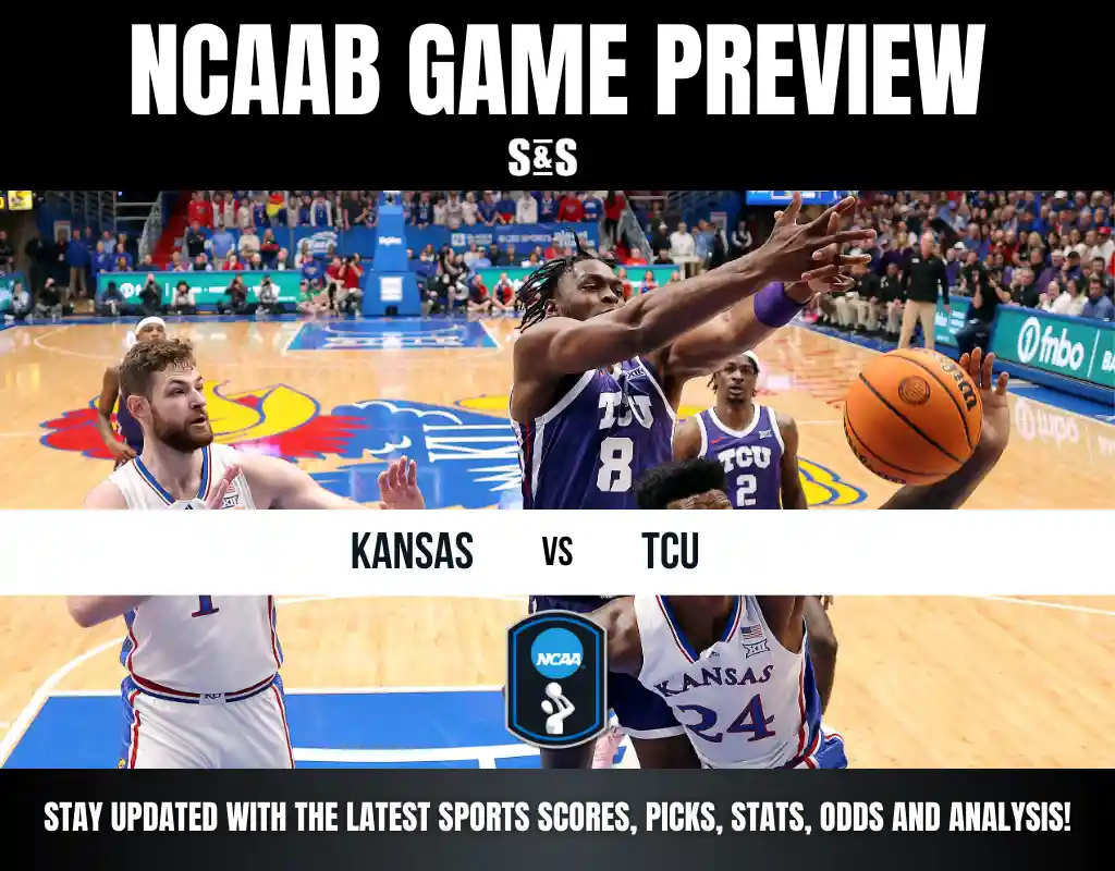 College basketball game preview graphic showing Kansas vs. TCU players competing for a rebound on the court.
