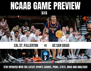 NCAAB game preview featuring Cal State Fullerton vs. UC San Diego, with a player dribbling a basketball on the court.