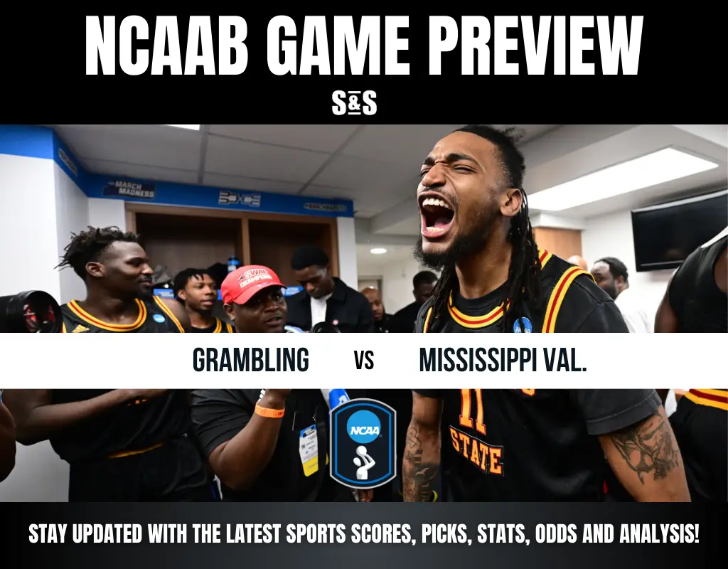 A basketball player in a Grambling jersey passionately cheers in a locker room. Text reads "NCAAB Game Preview: Grambling vs Mississippi Val." Energetic atmosphere.