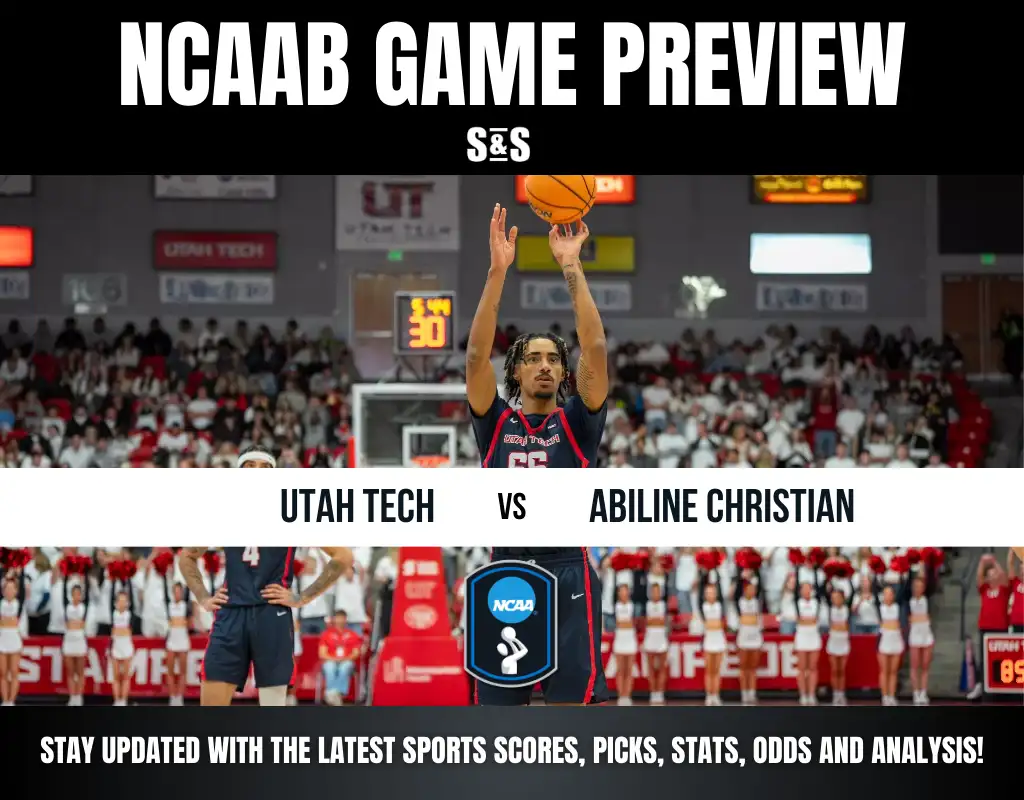 Basketball player in mid-shot during Utah Tech vs. Abilene Christian game. Crowd, cheerleaders, and scoreboards in the background convey excitement.
