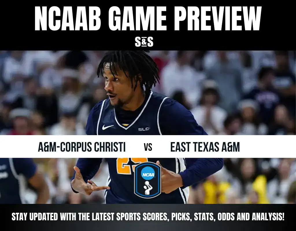 NCAA basketball game preview for A&M-Corpus Christi vs. East Texas A&M, featuring a player in action and stats update.