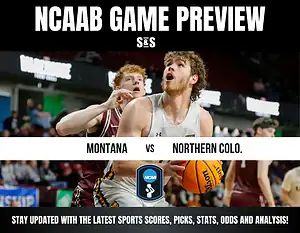 NCAAB game preview featuring Montana vs. Northern Colorado. A focused basketball player holds the ball, creating a competitive atmosphere.