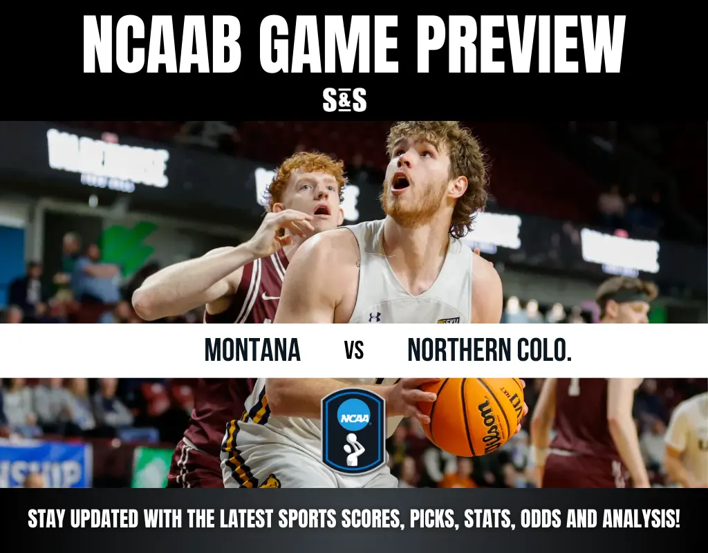 NCAAB game preview featuring Montana vs. Northern Colorado. A focused basketball player holds the ball, creating a competitive atmosphere.