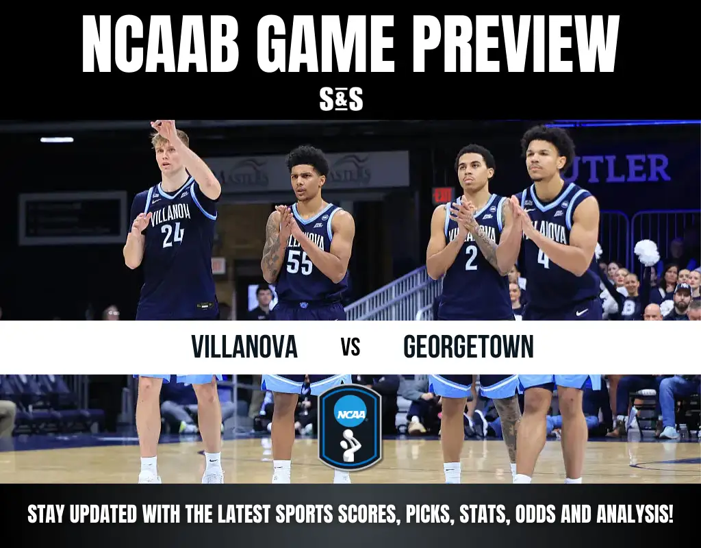 NCAAB game preview for Villanova vs. Georgetown shows Villanova players clapping on court. Text overlays emphasize sports scores and analysis updates.