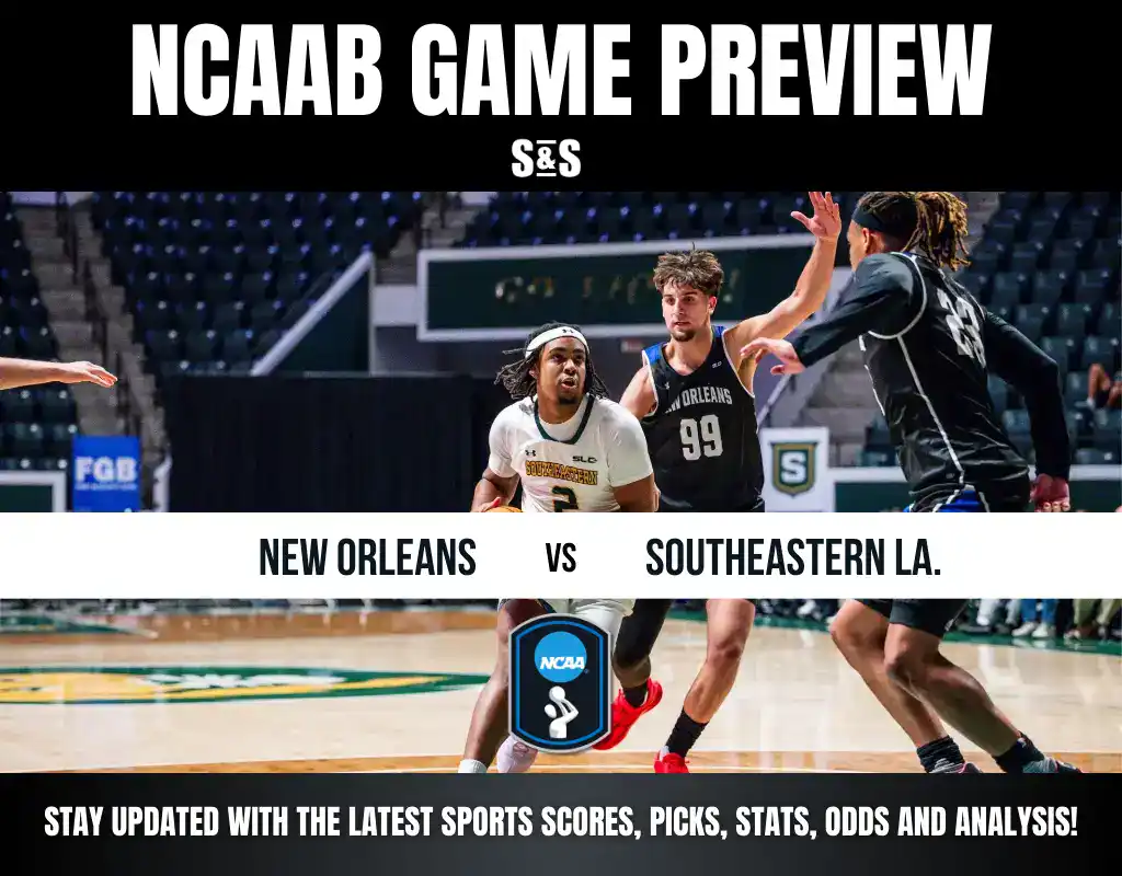 NCAA basketball matchup preview featuring teams New Orleans and Southeastern Louisiana, with players in action on the court.