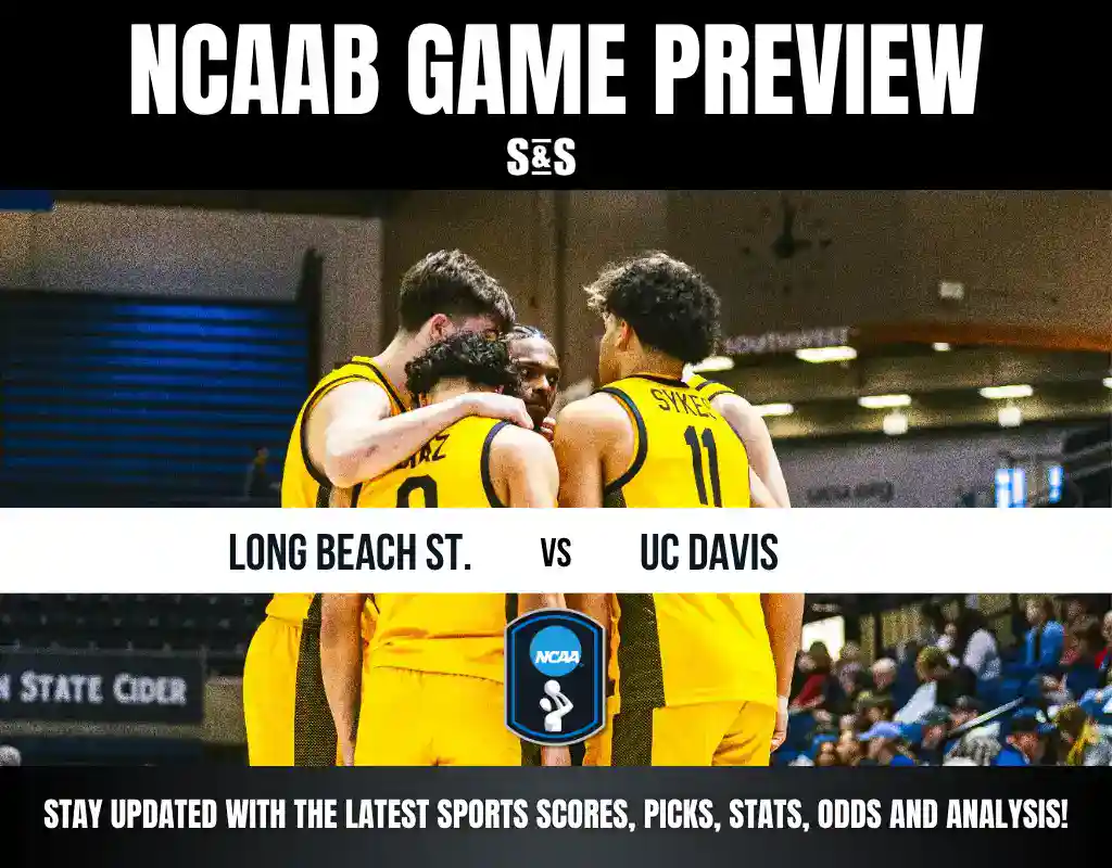 NCAAB Game Preview featuring Long Beach State vs UC Davis, with a call to stay updated on sports scores, picks, stats, odds, and analysis.