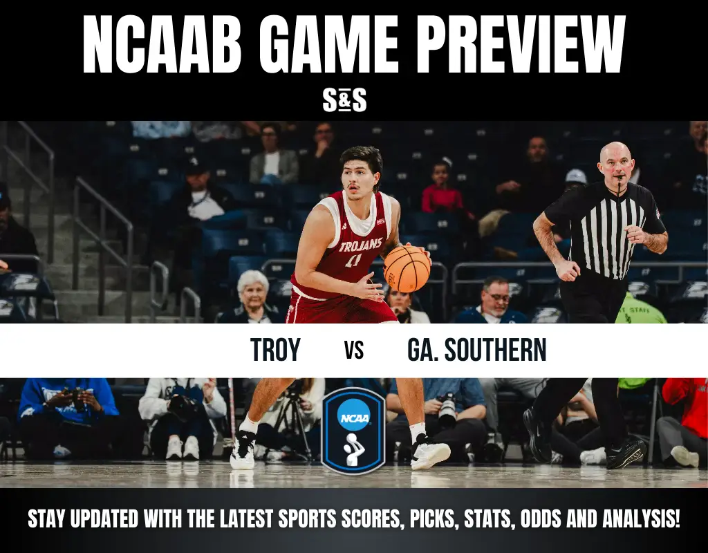NCAAB game preview image showing a Troy University player dribbling a basketball on a court, with a referee running. Text reads "Troy vs Ga. Southern."