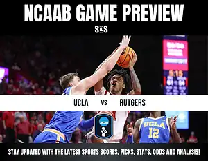 NCAAB game preview showing a UCLA player attempting to block a shot from a Rutgers player. The scene is intense, with a supportive crowd in the background.