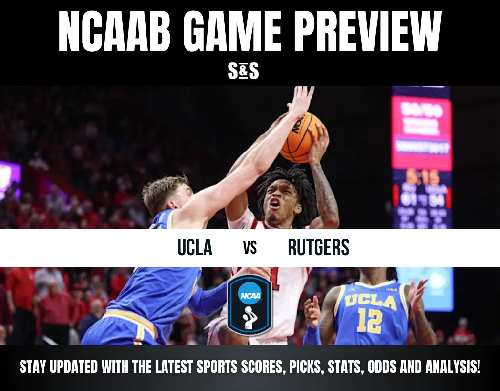 NCAAB game preview showing a UCLA player attempting to block a shot from a Rutgers player. The scene is intense, with a supportive crowd in the background.