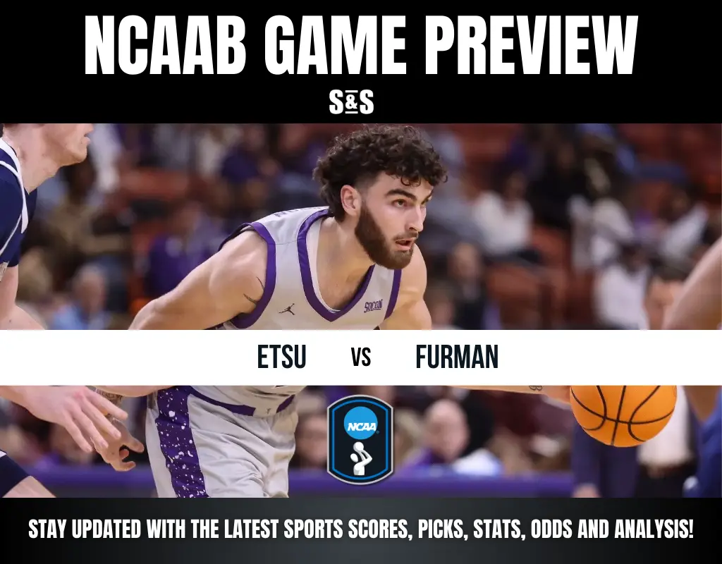 NCAA basketball preview with player in action, wearing a purple and white jersey, mid-game. Text reads "ETSU vs Furman." Energetic and competitive tone.