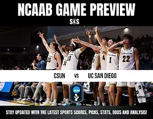 NCAAB game preview poster showing UC San Diego basketball players celebrating. Text highlights match vs. CSUN, encouraging sports updates. Energetic tone.