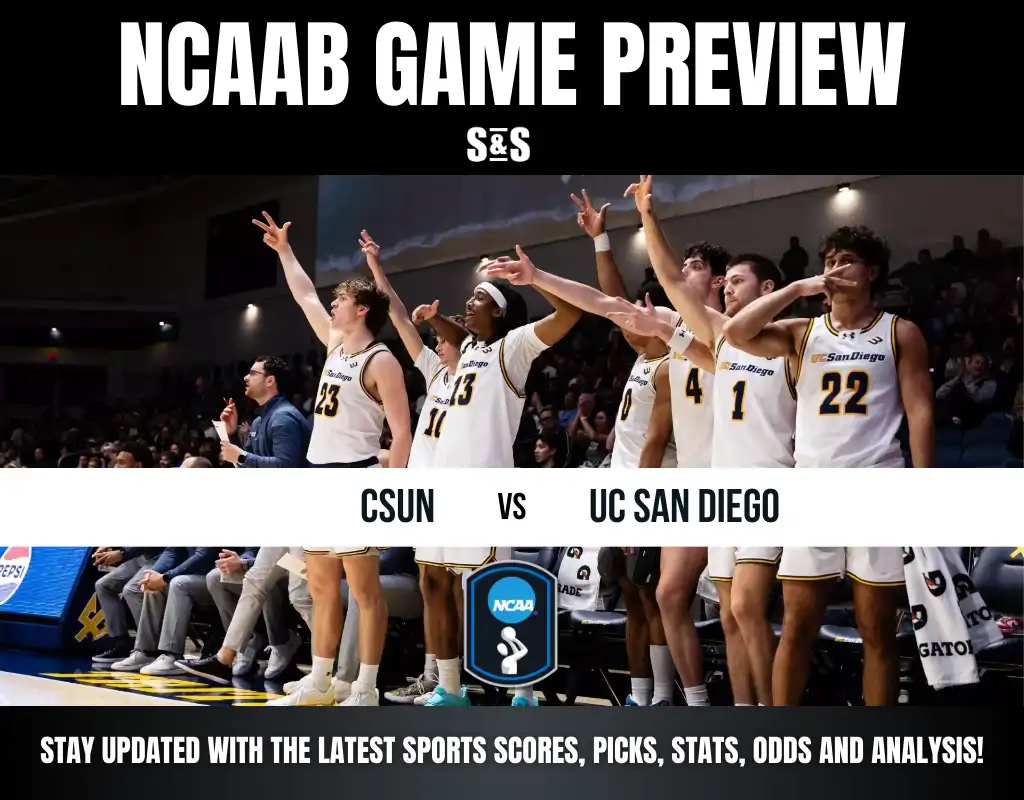 NCAAB game preview poster showing UC San Diego basketball players celebrating. Text highlights match vs. CSUN, encouraging sports updates. Energetic tone.