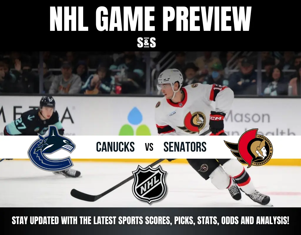"NHL game preview featuring Canucks vs. Senators. Shows a hockey player in white and red uniform on ice. Includes team logos and NHL emblem at the bottom. Bold text highlights game details and encourages staying updated with scores and stats."