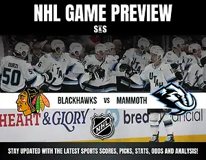 "NHL game preview graphic featuring the Blackhawks vs. Mammoth. Players in Utah jerseys celebrate on the bench. NHL logo centered, with text promoting sports scores and analysis at the bottom."