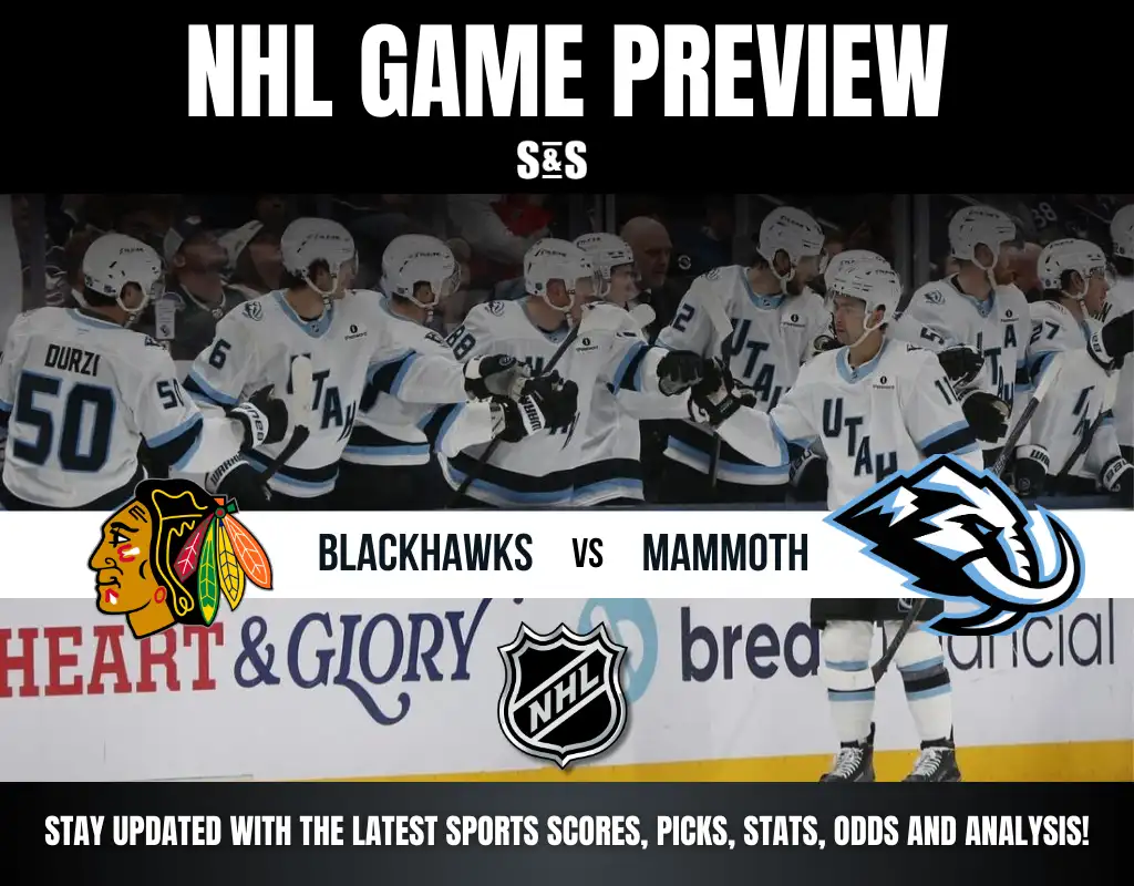 "NHL game preview graphic featuring the Blackhawks vs. Mammoth. Players in Utah jerseys celebrate on the bench. NHL logo centered, with text promoting sports scores and analysis at the bottom."