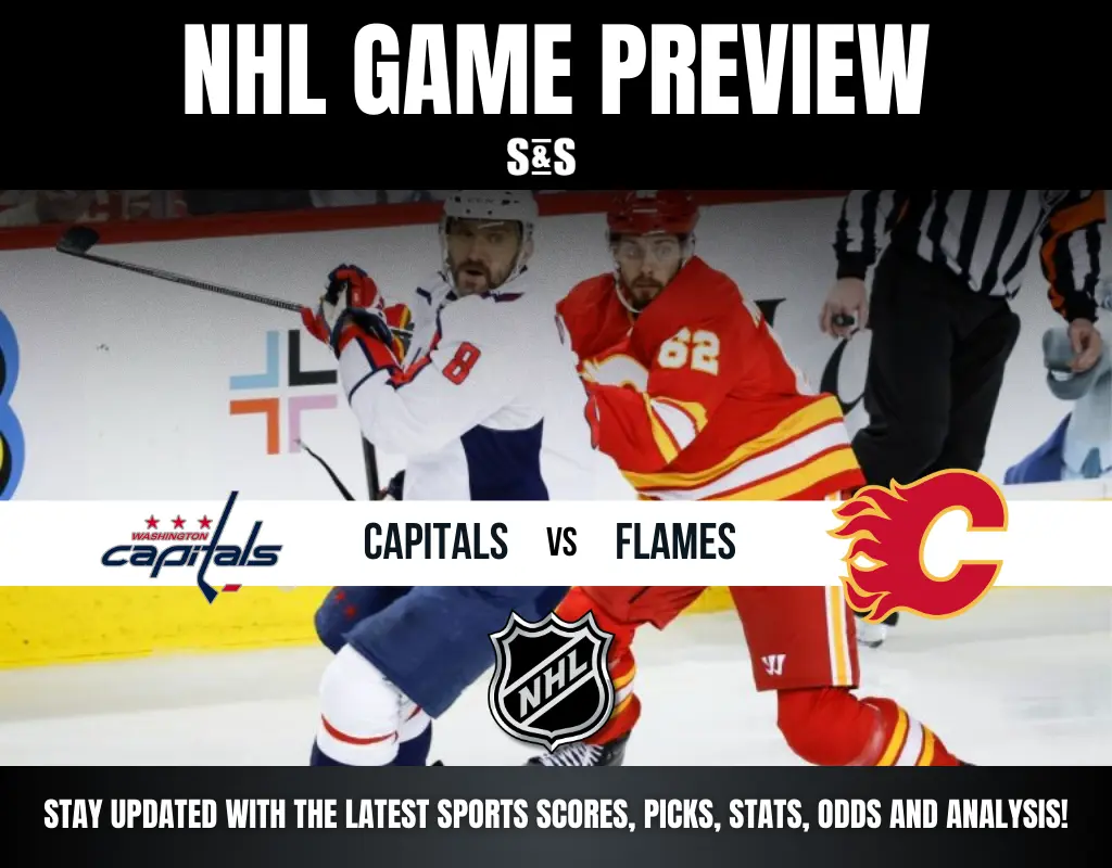 NHL Game Preview poster featuring a Washington Capitals player in white battling a Calgary Flames player in red. Includes logos and game details. Energetic.