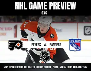 Hockey player in a Philadelphia Flyers jersey on the ice. Text overlay: "NHL Game Preview, Flyers vs Rangers." Includes team logos and NHL graphics.