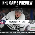 NHL game preview featuring an intense hockey player in a white uniform. Teams Blue Jackets vs. Kings are highlighted with logos, creating excitement.