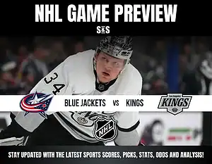 NHL game preview featuring an intense hockey player in a white uniform. Teams Blue Jackets vs. Kings are highlighted with logos, creating excitement.