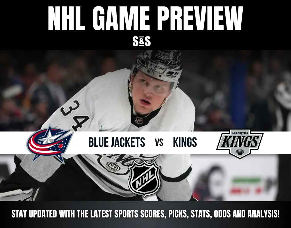 NHL game preview featuring an intense hockey player in a white uniform. Teams Blue Jackets vs. Kings are highlighted with logos, creating excitement.