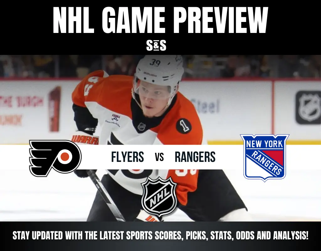 Hockey player in a Philadelphia Flyers jersey on the ice. Text overlay: "NHL Game Preview, Flyers vs Rangers." Includes team logos and NHL graphics.