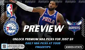 Philadelphia 76ers vs Charlotte Hornets preview image with both team logos, a relevant basketball background, and the ScoresAndStats logo.