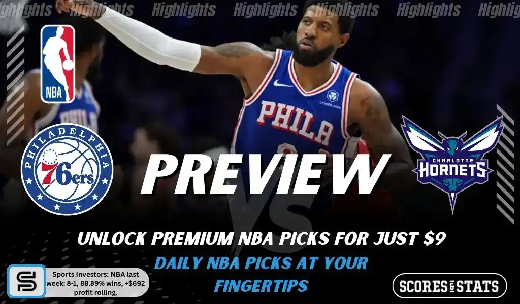 Philadelphia 76ers vs Charlotte Hornets preview image with both team logos, a relevant basketball background, and the ScoresAndStats logo.