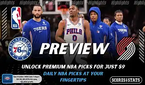 Philadelphia 76ers vs Portland Trail Blazers preview image with both team logos, a relevant basketball background, and the ScoresAndStats logo.