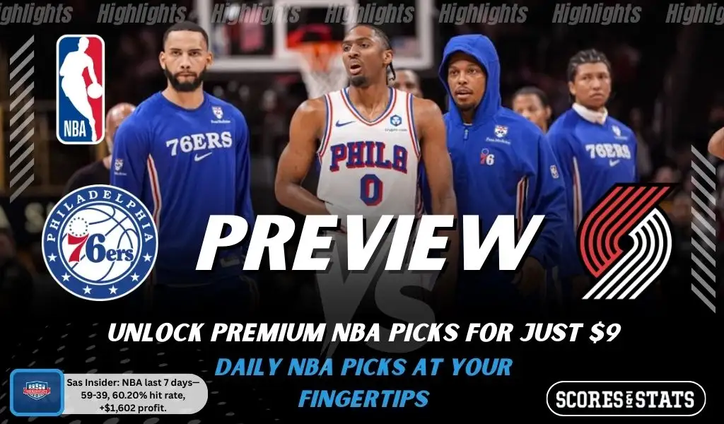 Philadelphia 76ers vs Portland Trail Blazers preview image with both team logos, a relevant basketball background, and the ScoresAndStats logo.